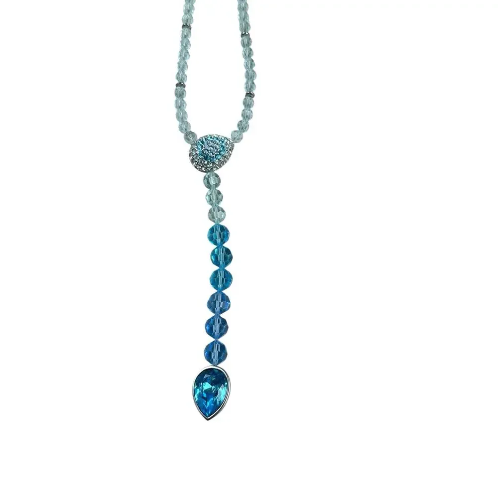Swarovski Crystal Y-Drop Necklace Clear AB Beads Pave Oval Blue Teardrop Pendant